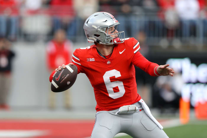 Oct 7, 2023; Columbus, Ohio, USA; Ohio State Buckeyes quarterback Kyle McCord (6) drops back to throw during the second quarter against the Maryland Terrapins at Ohio Stadium.